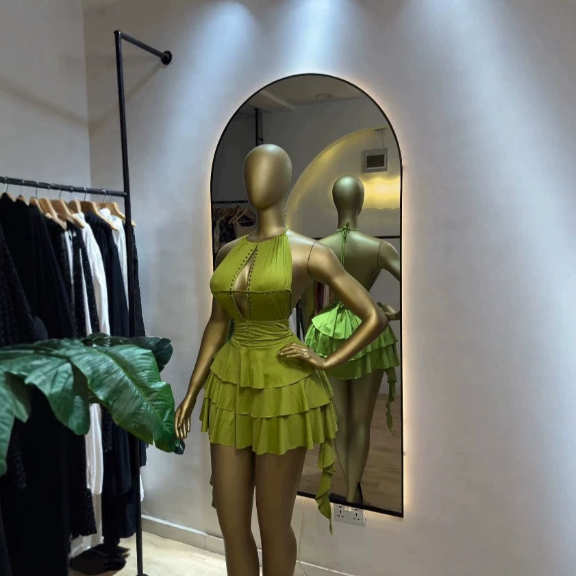 Feminine Sleeveless Ruched Hollow-out Backless Asymmetric Mini Dress