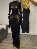 Long Sleeve Ruffled Long Dress with Inner Slip
