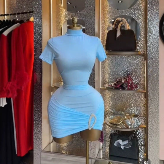 Metallic Ruched Long Sleeve High Neck Short Dress