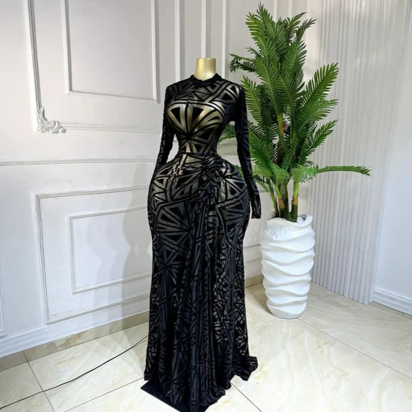Long Sleeve Ruched Tulle Flocking Elegant Maxi Dress
