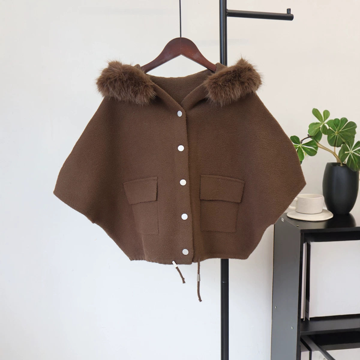 Mao collar hooded cloak jacket