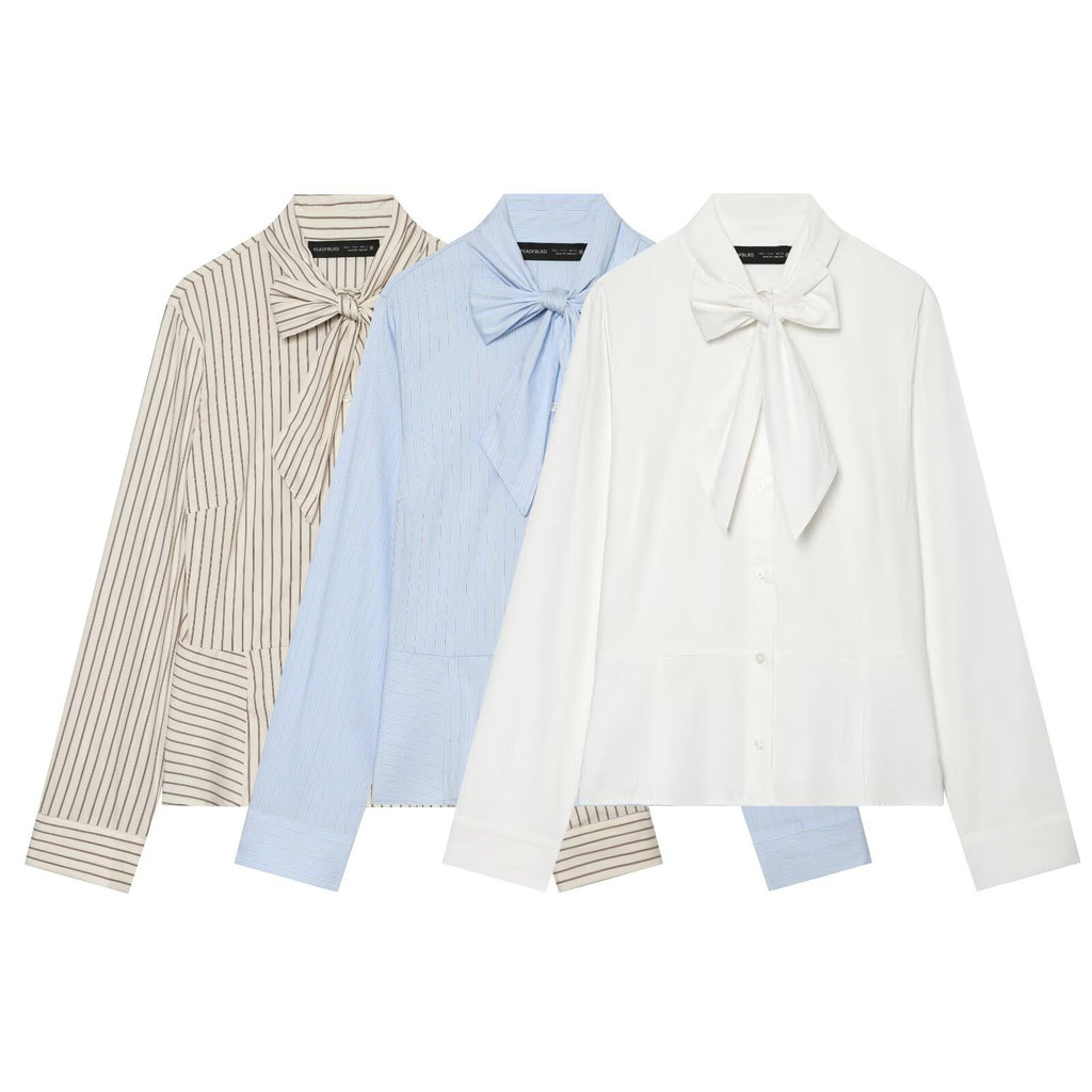 Butterfly bow ribbon collar short skirt with striped shirt for women