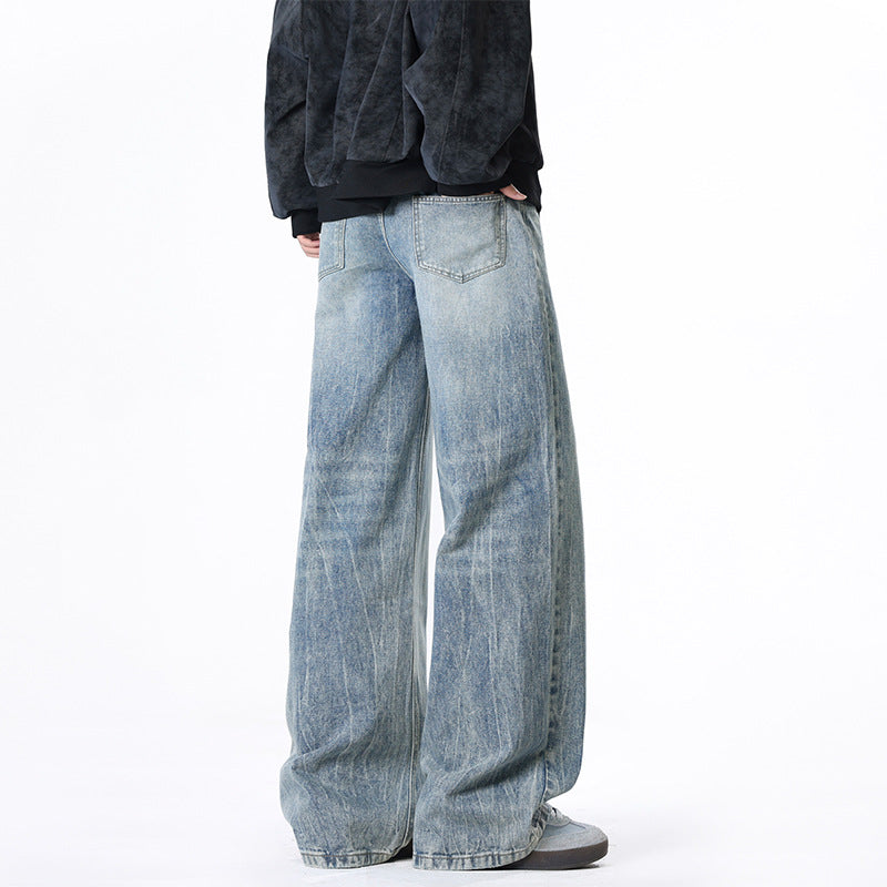 Men's Loose Straight Leg Floor Length Jeans Casual Pants with Belt Loops