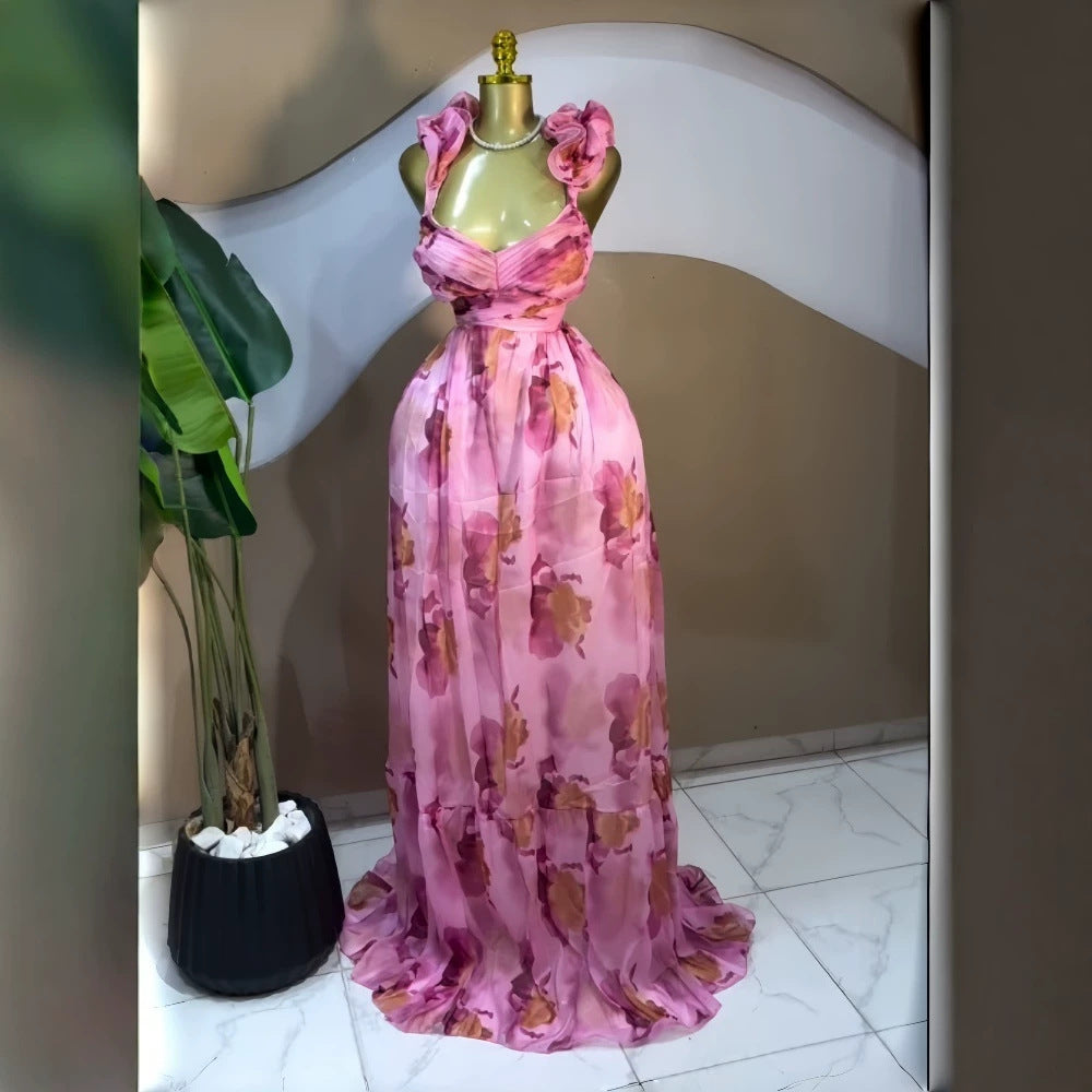 Elegant Printed Sleeveless Open Back Padded Maxi Dress