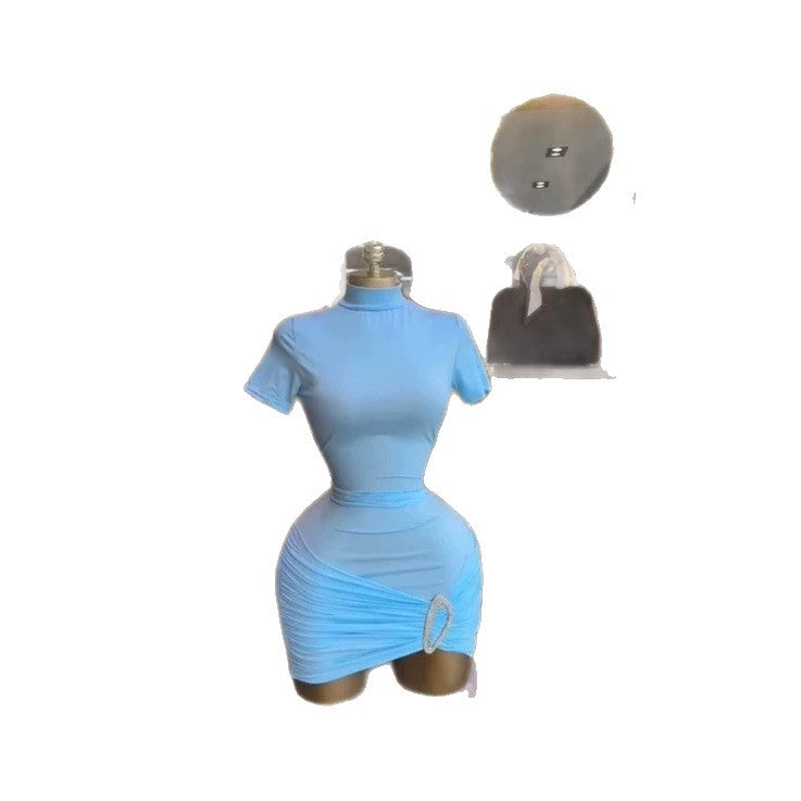 Metallic Ruched Long Sleeve High Neck Short Dress