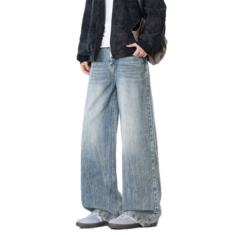 Men's Loose Straight Leg Floor Length Jeans Casual Pants with Belt Loops