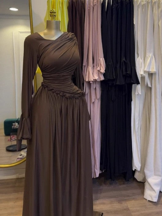 Elegant Long Sleeve Pleated Ruffle Resort Stretchy Maxi Dress