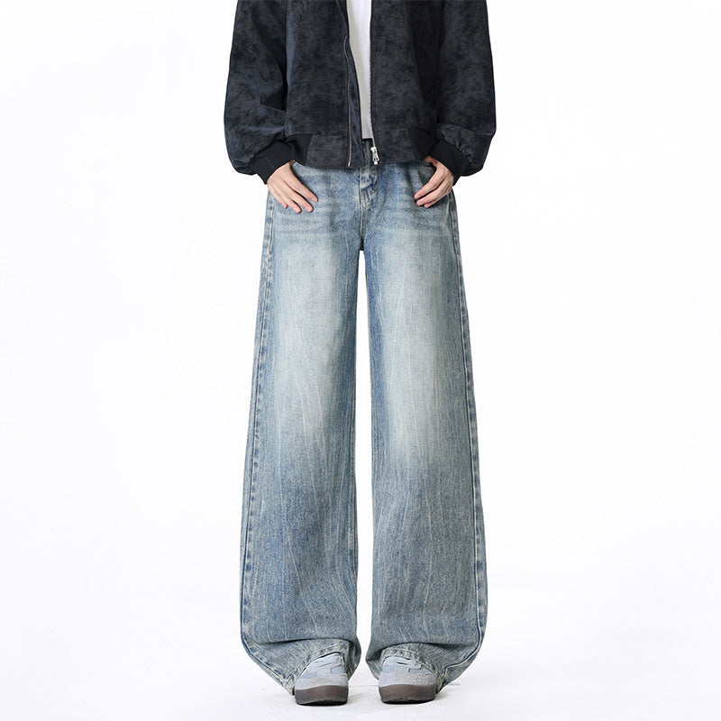 Men's Loose Straight Leg Floor Length Jeans Casual Pants with Belt Loops